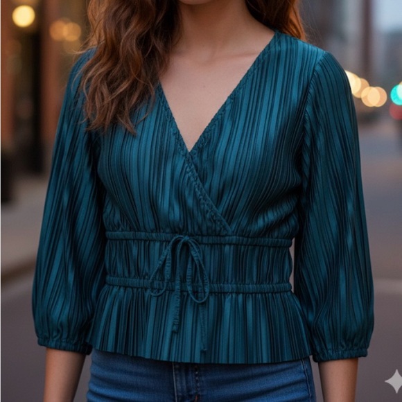 Japna Tops - Jepna Size S Teal Pleated Wrap Blouse Tie Waist V Neck Top